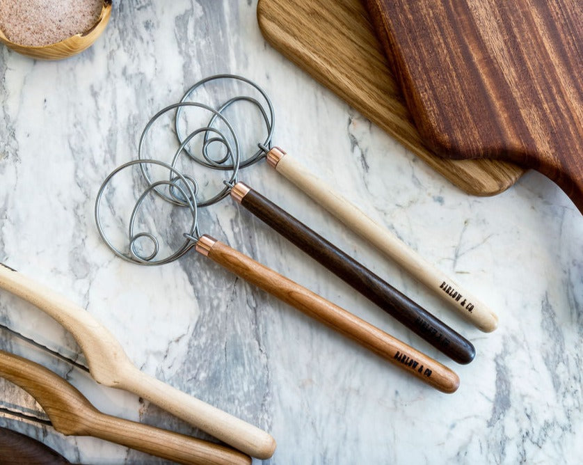 Danish dough hooks and dough whisks for mixing sourdough, bread dough, cookies. Walnut, maple, and cherry handles.
