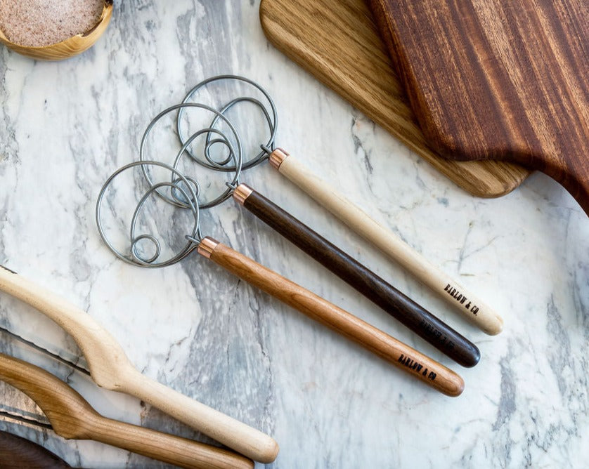 Danish dough hooks and dough whisks for mixing sourdough, bread dough, cookies.  Walnut, maple, and cherry handles.
